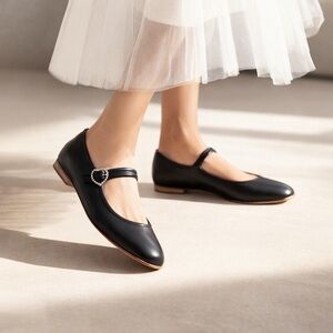 Brother Vellies Picnic Mary Jane Flats Black Leather Crystal Heart Buckle Size 7